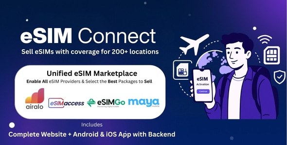 اسکریپت مارکت‌پلیس eSIM با اپلیکیشن اندروید و iOS + پنل لاراول